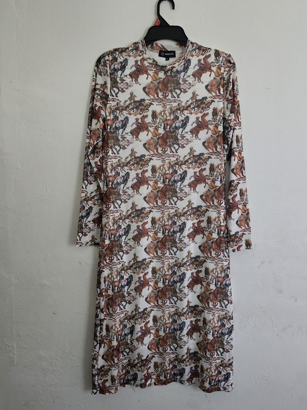 Long Sleeve Printed Midi Dress in White and Brown